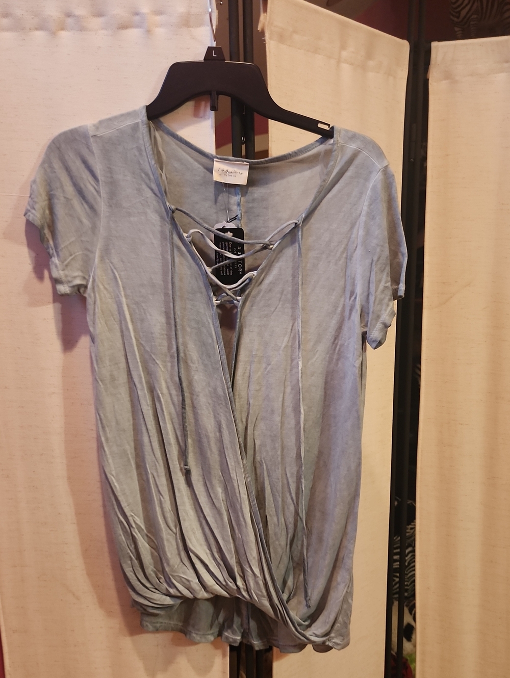 1.4.3. Story by Line Up Light Sage Lace-Up V-Neck Short Sleeve Top
